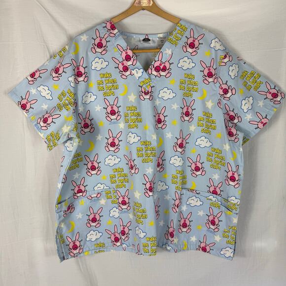 Happy Bunny Medical Scrub Top Unisex 2XL Wake Me When the Boring is Over Blue - Picture 1 of 5